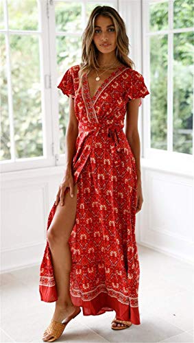 PRETTYGARDEN Women's Summer Bohemian Dress Short Sleeve Floral V Neck Ruffle Hem Split Belted Flowy Maxi Dresses (Red-1,Small)
