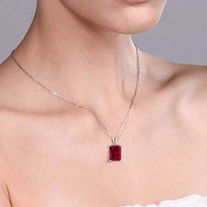 Gem Stone King 925 Sterling Silver Red Created Ruby and White Diamond Pendant Necklace (8.02 Ct Emerald Cut 14X10MM, with 18 Inch Silver Chain)