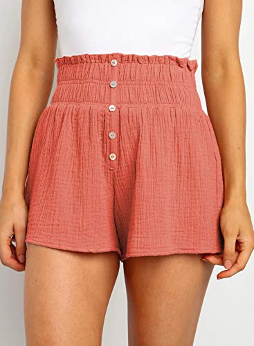 Dokotoo Womens Ladies Fashion Solid Soft Shorts for Women for Summer High Waisted Smocked Elastic Waist Comfy Summer Beach Bohemian Running Shorts Pants Orange Small