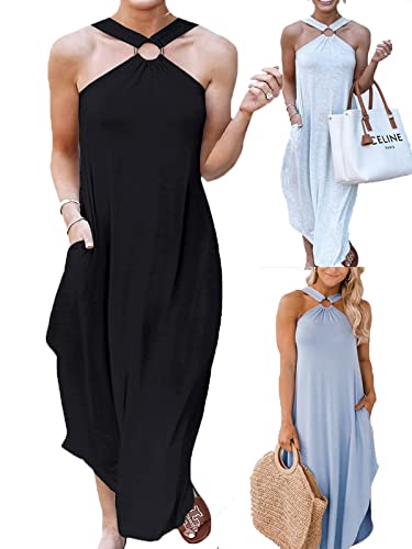 CHENTIAN Miami Sunshine Maxi Dress,Summer Dresses for Women 2022,Miami Sunshine Dress,Miami Sunshine Maxi Dress with Pockets (Black,S)