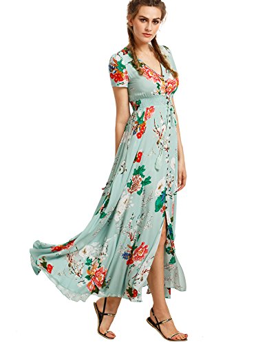 Milumia Women Button Up Floral Print Party Split Flowy Maxi Dress Light Green X-Large