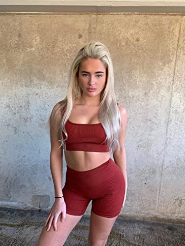 OQQ Workout Outfits for Women 2 Piece Seamless Ribbed High Waist Leggings with Sports Bra Exercise Set WineRed