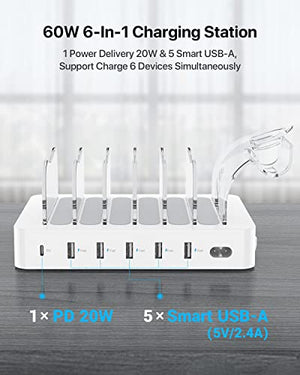 SooPii 60W 6-Port Charging Station for Multiple Devices, PD 20W USB C Fast Charging for lPhone 14/13/12,6 Short Cables Included, 2 in 1 Holder,for Phones,Tablets and Others,White
