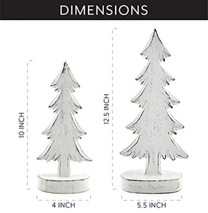 AuldHome Wooden Christmas Trees (Set of 2, Distressed White); Tabletop Handmade Mango Wood Trees with Rectangular Base for Holiday Home Decor