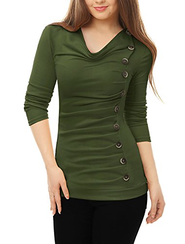 Allegra K Women's Cowl Neck Long Sleeves Buttons Decor Ruched Top XL Green