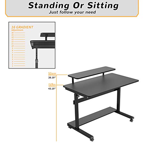 DESIGNA Height Adjustable Stand Up Computer Desk, Mobile Standing Desk Rolling Sit Stand Work Station for Home Office with Wheels CPU Stand Monitor Shelf & Detachable Hutch (41", Black)