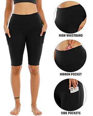 WHOUARE 4 Pack Biker Yoga Shorts with Pockets for Women, High Waisted Tummy Control Workout Shorts,Black,Navy,Dark Gray,Burgundy,L