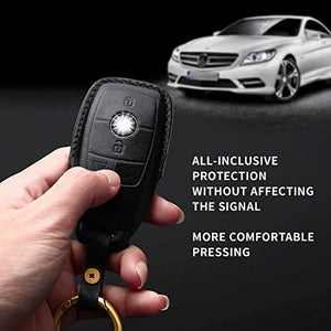 For Mercedes Benz Genuine Leather key fob cover with keychain Compatible with Mercedes-Benz 2019-2021 A-Class C-Class G-Class 2017-2021 E-Class 2018-2021 S-Class Keyless Smart Key Fob(4-Button,Black)