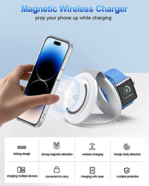 RTOPS Wireless Charger, 2 in 1 Magnetic Wireless Charging Station, Foldable Travel Charger Multiple Devices Compitable for iPhone 15/14/13/12/Pro/Max, iWatch, AirPods(Adapter Includes)