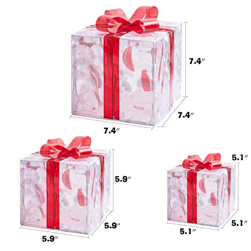 FUNPENY Set of 3 Christmas 60 LED Lighted Gift Boxes, Transparent Warm White Lighted Christmas Box Decrations, Presents Boxs with Red Bows for Christams Tree, Yard, Home, Christams Decorations