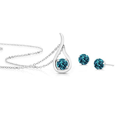 Gem Stone King 1.65 Ct London Blue Topaz Gemstone Birthstone 925 Sterling Silver Pendant Earrings Set With 18 Inch Silver Chain