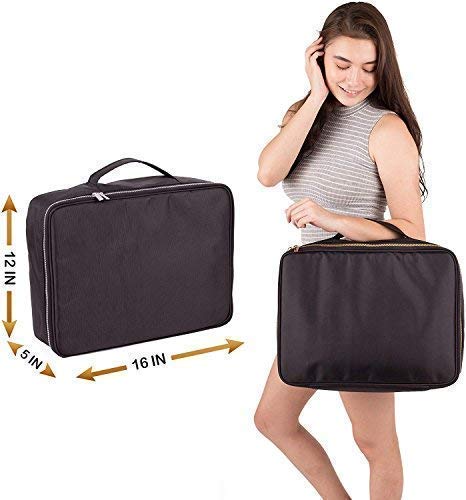 habe Extra Large Travel Makeup Bag - Crack-Proof Dividers – Ultra Big Professional Organizer Train Case Makeup Artists Bags for Women and Cosmetic Organizers Storage Box Cases (XL, Black, 16x12x5 in)