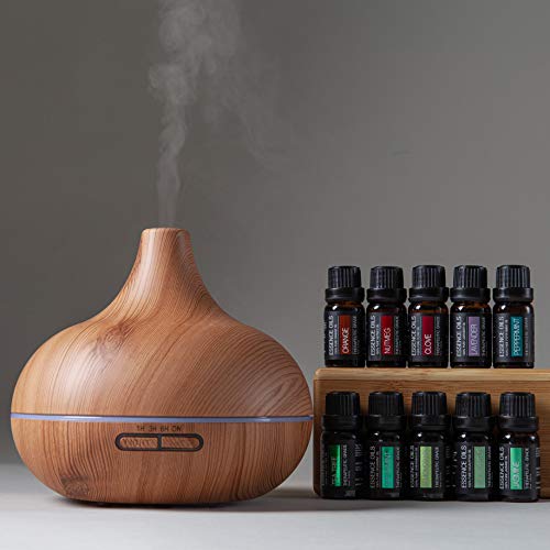 Ultimate Aromatherapy Diffuser & Essential Oil Set - Ultrasonic Diffuser & Top 10 Essential Oils - 300ml Diffuser with 4 Timer & 7 Ambient Light Settings - Therapeutic Grade Essential Oils - Lavender