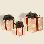 DROFELY Christmas Decoration Lighted Gift Box 11.8"-9"-6.7" Large Size White Gift Box with Pine Branches Bow Set of 3pcs Display Light Decorate Christmas Tree Indoor Outdoor Present Box Holiday Decor