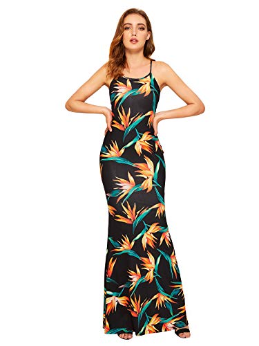 SheIn Women's Floral Strappy Backless Summer Evening Party Maxi Dress Black Flower Medium