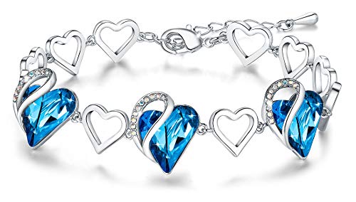 Leafael Infinity Love Silvertone with Bermuda Sapphire Blue Crystal September Birthstone Women's Gifts Heart Bracelet, 7" with 2" Extender