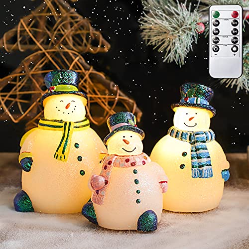 Immeiscent Christmas Flameless Candles, Flickering Snowman Carved Candles, Battery Realistic Candle with Timer&Remote for Santa Celebration, Christmas Decor, Home and Party(3 Snowman) (Blue)