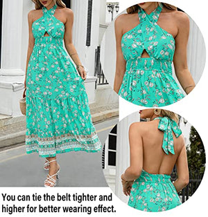 ZESICA Women's Summer Crossover Halter Neck Sleeveless Plaid Cut Out Backless Flowy A Line Maxi Dress,Aqua,Medium