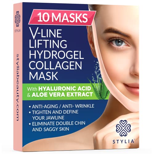 10 Piece V Line Shaping Face Masks – Double Chin Reducer - Lifting Hydrogel Collagen Mask with Aloe Vera – Anti-Aging and Anti-Wrinkle Band - Contouring, Slimming and Firming Face Lift Sheet