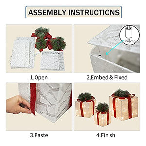 DROFELY Christmas Decoration Lighted Gift Box 11.8"-9"-6.7" Large Size White Gift Box with Pine Branches Bow Set of 3pcs Display Light Decorate Christmas Tree Indoor Outdoor Present Box Holiday Decor