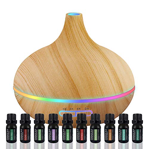 Ultimate Aromatherapy Diffuser & Essential Oil Set - Ultrasonic Diffuser & Top 10 Essential Oils - 300ml Diffuser with 4 Timer & 7 Ambient Light Settings - Therapeutic Grade Essential Oils - Lavender