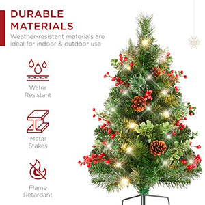 Best Choice Products Set of 2 24.5in Outdoor Pathway Christmas Trees, Battery Operated Pre-Lit Holiday Décor for Driveway, Yard, Garden w/LED Lights, Red Berries, Frosted Pine Cones, Red Ornaments