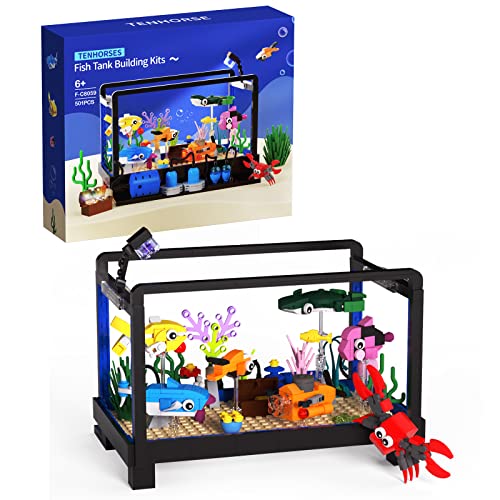 Tenhorses Fish Tank Building Block Set, Lighting Aquarium Sets Including Marine Life, a Submarine and a Treasure Chest, Building Block Toy for 6+, Gift for Sea Lovers.