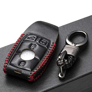 Vitodeco Genuine Leather Smart Key Fob Case with Leather Key Strap for 2017-2021 Mercedes-Benz A, C, E, S, CLA, CLS, GLA, GLB, GLC, GLE, GLS, G Glass (4-Button, Black/Red)