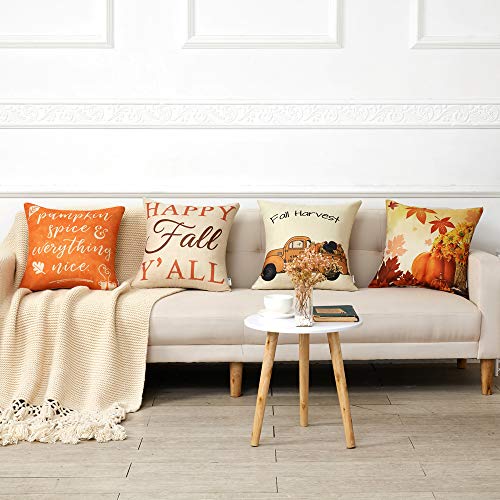 Thanksgiving Fall Pillow Covers 18x18 Inch for Fall Decor Set of 4 Autumn Harvest Pumpkin Theme Farmhouse Decorative Throw Pillow Covers for Sofa Couch Home Decoration