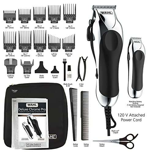 Wahl Clipper Deluxe Chrome Pro, Complete Hair and Beard Clipping and Trimming Kit, Includes Quality Clipper with Guide Combs, Cordless Trimmer, Styling Shears, for a Cut Every Time - Model 79524-5201