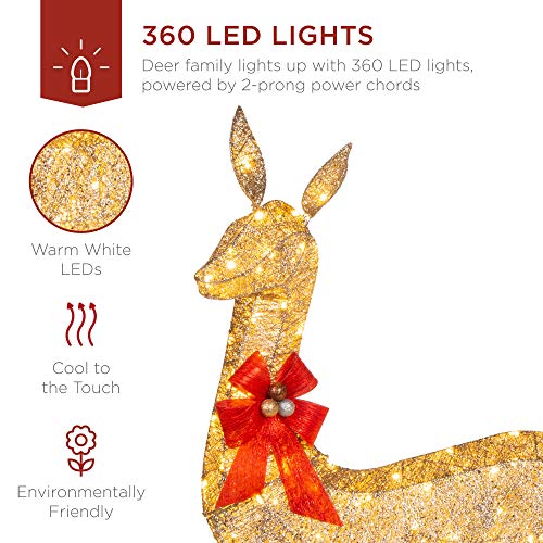 Best Choice Products 3-Piece Lighted Christmas Deer Family Set Outdoor Yard Decoration with 360 LED Lights, Stakes, Zip Ties - Gold