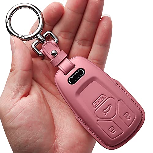 Tukellen for Audi Key Fob Cover Genuine Leather with Keychain,Leather Key Case Protector Compatible Audi A4 Q7 Q5 TT A3 A6 SQ5 R8 S5 Smart Key-Pink