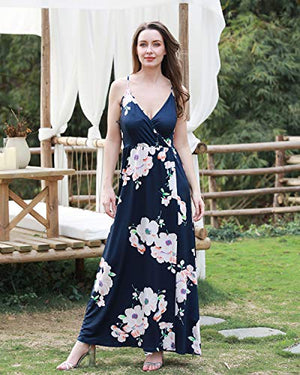 II ININ Women's Deep V-Neck Casual Dress Summer Backless Floral Print Split Maxi Dress for Beach Party(Floral01,XL)