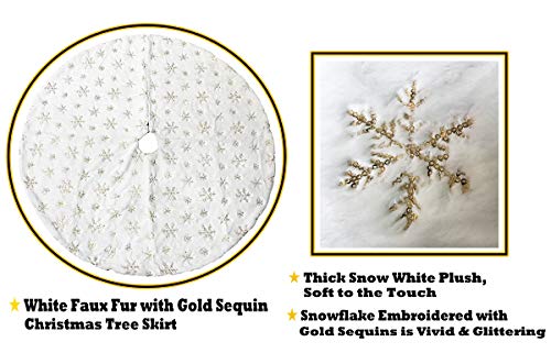 AOGU 48 Inch Sequin Faux Fur Christmas Tree Skirt Decoration for Merry Christmas Party White Plush Gold Sequin Snowflake Xmas Christmas Tree Skirt Decorations