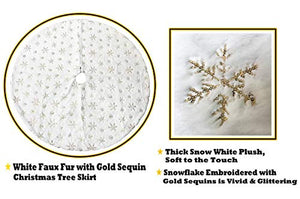 AOGU 48 Inch Sequin Faux Fur Christmas Tree Skirt Decoration for Merry Christmas Party White Plush Gold Sequin Snowflake Xmas Christmas Tree Skirt Decorations