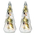 Costyleen 2PCS Christmas Ornaments Set Tower Shaped Glass Xmas Tree Artificial Snow Decoration with LED Lights Home Table Decor Festive Gift 15in