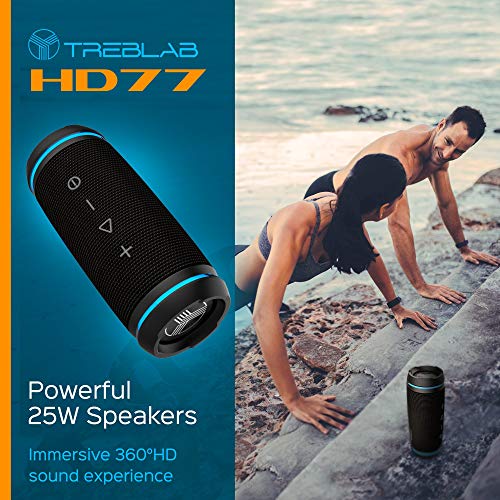 TREBLAB HD77 - Ultra Premium Bluetooth Speaker - Loud 360° HD Surround Sound, Wireless Dual Pairing, 25W Stereo, Loud Bass, 20H Battery, IPX6 Waterproof, Sports Outdoor, Portable Blue Tooth
