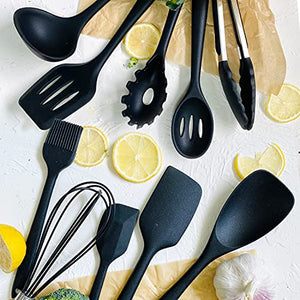 QIYU Kitchen Silicone Utensil Set,10Pcs Silicone Cooking Utensils Set,Food Grade Safety Silicone Utensils,480℉Heat Resistant Kitchen Tools,Seamless Easy to Clean, Non Stick Utensils（Black）