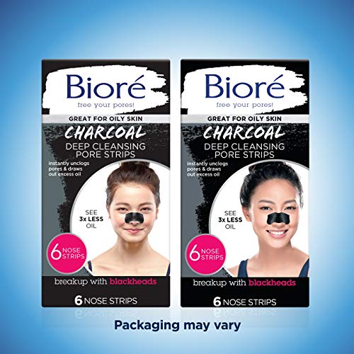 Bioré Charcoal, Deep Cleansing Pore Strips, 6 Nose Strips for Blackhead Removal on Oily Skin, with Instant Blackhead Removal and Pore Unclogging (Packaging May Vary)