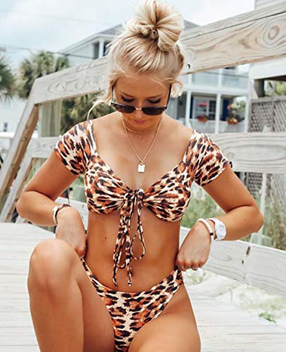 PRETTYGARDEN Women's Two Pieces Leopard Print Knot Front Crop Off-Shoulder High Cut Bandeau Bikini Sets Bathing Suit (Yellow, Medium)