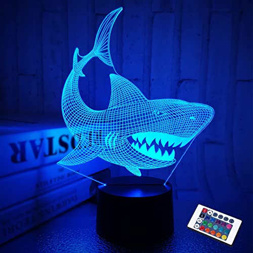 Shark 3D Illusion Night Light Animal Touch Table Desk Lamp, with Remote Control 16 Colors Optical USB LED Nightlight for Kids Holiday Gift Room Decoration