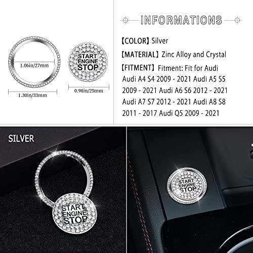 1797 Start Button Cover for Audi Accessories Bling Q5 A4 A5 A6 A7 S4 S5 S6 S7 S8 Car Engine Ring Sticker Decal Crystal Silver Pack of 2