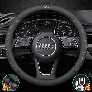 Custom-Fit for Audi Steering Wheel Cover, Premium Leather Car Steering Wheel Cover with Logo, Non-Slip, Breathable, Designed for Audi Accessories (A-Style,for Audi)