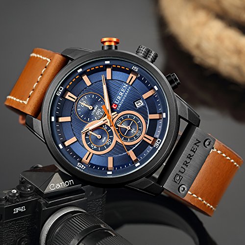 Mens Water Resistant Sport Chronograph Watches Military Multifunction Leather Quartz Wrist Watches (Black Blue)