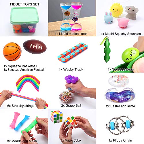 KINGYAO 24 Pack Bundle Sensory Fidget Toys Set-Liquid Motion Timer/Grape Ball/Mochi Squishy/Stretchy String/Flippy Chain/Easter Egg/Marble Mesh/Squeeze Bean/Cube for Autistic Kids ADHD Anti-stress Toy