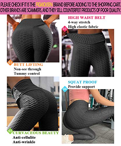 FIGKICKSEN High Waisted Butt Lifting Leggings for Women Anti Cellulite Scrunch Tummy Control Workout Sexy Yoga Pants Black