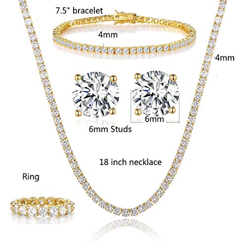 GEMSME 18K Yellow Gold Plated Tennis Necklace/Bracelet/Earrings/Band Ring Sets Pack of 4 (7)