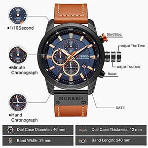 Mens Water Resistant Sport Chronograph Watches Military Multifunction Leather Quartz Wrist Watches (Black Blue)