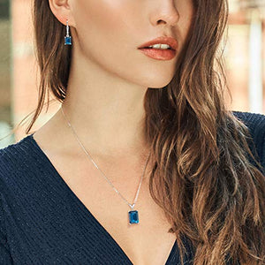 Gem Stone King 925 Sterling Silver London Blue Topaz Pendant Earrings Set, 13.49 Ct Emerald Cut with 18 Inch Chain