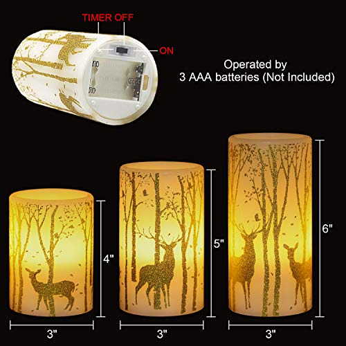 GenSwin Flickering Flameless Candles Battery Operated with 6 Hours Timer, Real Wax Led Pillar Candles Deer Decal Warm Light, Pack of 3 Christmas Home Decor